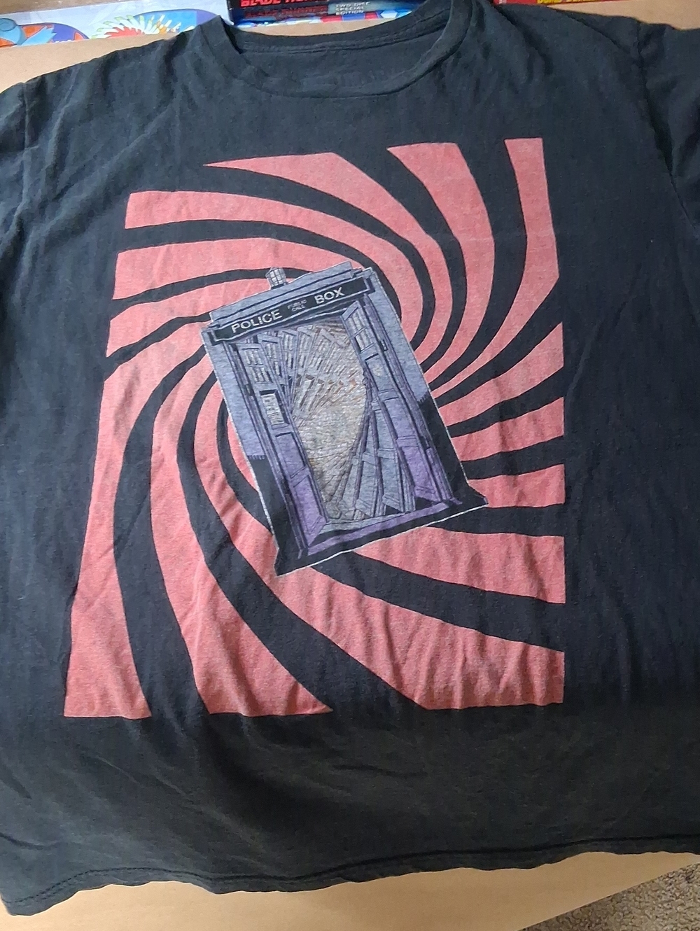 Black T-Shirt with Purple & Pink Police Box Graphic